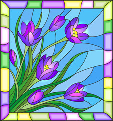 Illustration in stained glass style with bouquet of crocuses  on a blue background in the frame