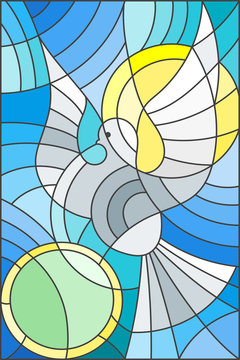 Illustration in stained glass style with abstract pigeon and the sun in the sky