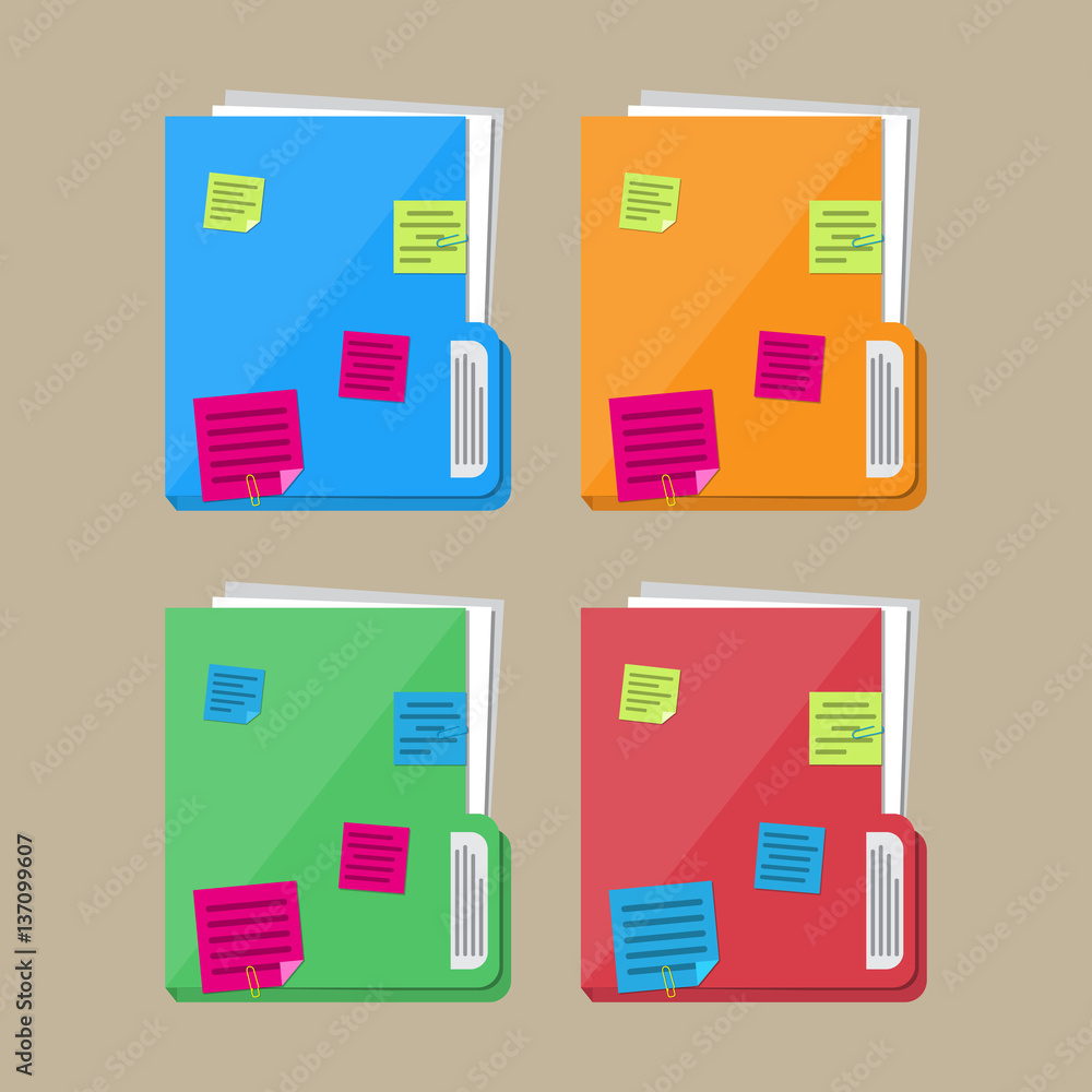 Poster documents folder with paper sheets, sticky notes
