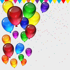 Birthday party background - colorful festive balloons, confetti, ribbons flying for celebrations card in isolated white background with space for you text.