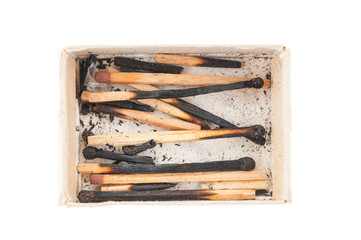 Burnt matchsticks in box on white background