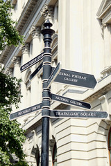 Street signpost giving directions to National Gallery, Trafalgar Square and Piccadilly Circus in...