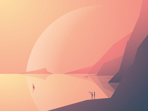 Sci-fi fantasy landscape vector illustration background with ocean bay and planet in background. Symbol of adventure, exploration.