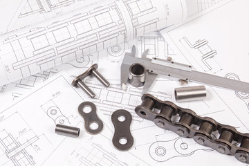 Caliper, parts of roller chain on the printed engineering drawings