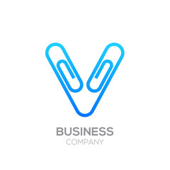 Obraz premium V letter from paper clip alphabet.Business and education logo concept