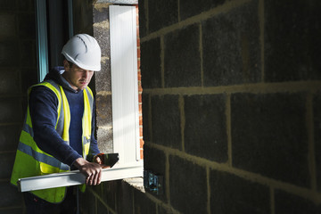 A workman on a construction site, builder in hard hat using a saw on a plank of wood. 