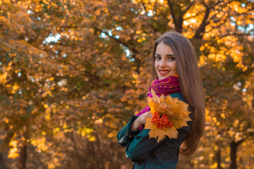 Naklejka na ściany i meble beautiful young girl stands against the backdrop of autumnal trees and smiling