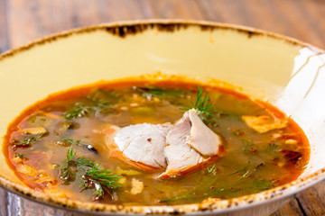 Thick vegetable soup with meat poured into a bowl. A traditional dish of Russian cuisine - Solyanka.