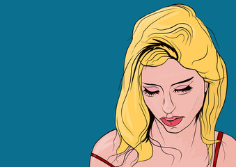 Girl looking down. Flat vector in the style of old comic books.