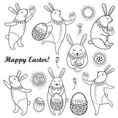 Vector Happy Easter set with outline easter rabbit, egg and basket isolated on white background. Cartoon elements with cute bunny and eggs in contour style for coloring book and greeting design.