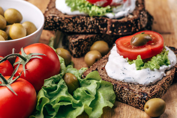 Healthy and Vegetarian diet breakfast concept. Homemade bread with cheese cream,