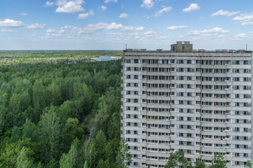 Pripyat city exclusion zone from the high empty abandoned building, Chernobyl, Ukraine