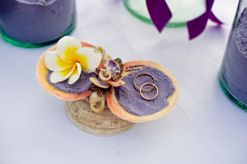 Wedding rings in the shells with the words of Boracay, Philippines. Wedding in the tropics, concept