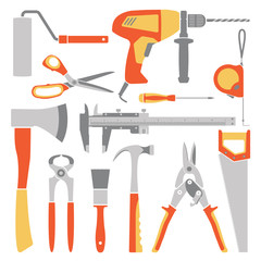 Vector orange working tools collection for construction and repair. Part two