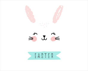 Happy Easter greeting card, poster, with cute, sweet hand drawn watercolor bunny