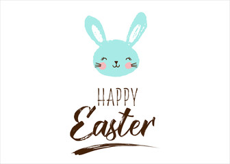 Happy Easter greeting card, poster, with cute, sweet hand drawn watercolor bunny