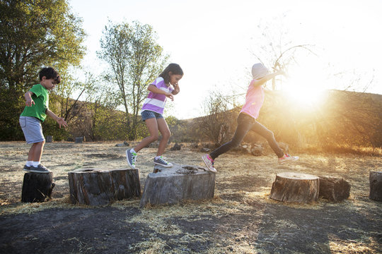 View of children ( 4-5, 6-7, 8-9 ) playing on tree stump