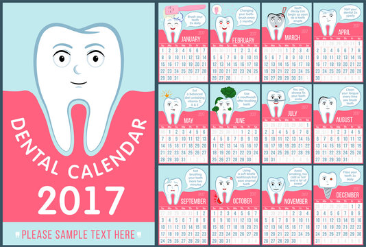 Calendar for children dentistry. Wall dental calendar 2017. Funny cartoon teeth and oral hygiene concept. Toothcare. Vertical orientation, stomatology planner. Vector Illustration