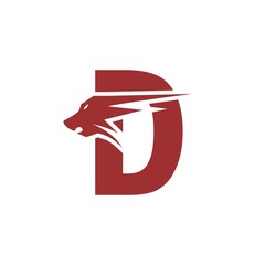 Red Initial D letter with Tiger or Wolf Logo Design Template. Vector Style Typeface for Sport Logo, Game Logo, Application Icon, Company Identity, Poster