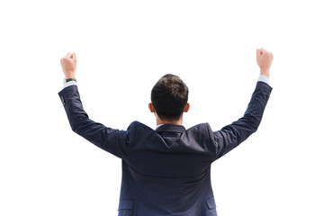 Celebrating success. Back view of excited young Asian businessman arms up while standing isolated...