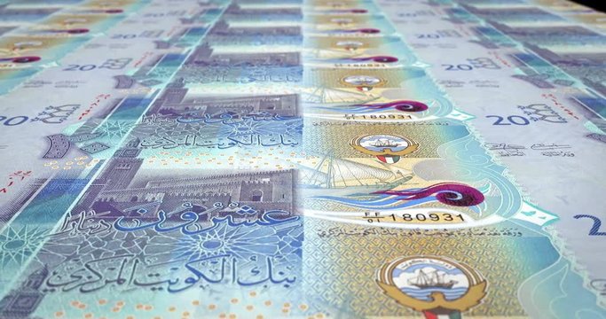 Banknotes of twenty kuwaiti dinar rolling on screen, cash money, loop