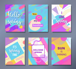 Hello spring posters set in trendy 80s-90s memphis style with geometric patterns and shapes. Vector illustration with lettering and colorful background