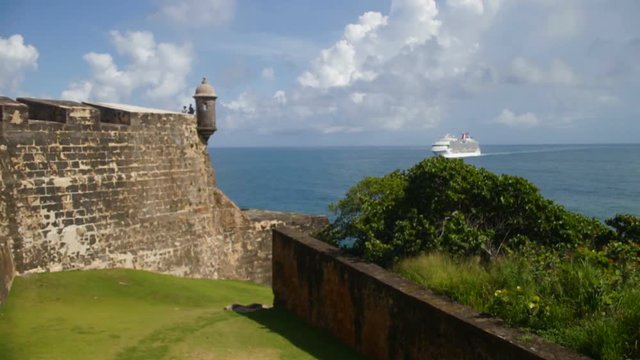View of a cruise ship coming to San Jaun from the Historical site called "Castillo San Felipe del Morro" in Puerto Rico.