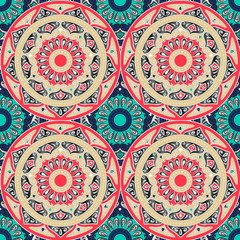 Colorful floral seamless patchwork pattern with mandala in boho chic style, in portuguese and moroccan motif