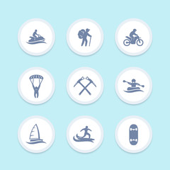 extreme outdoor activities icons set, skydiving, sailing, mountaineering, surfing, rafting