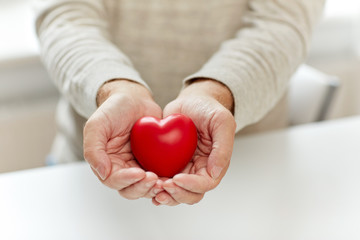 Obraz premium close up of senior man with red heart in hands