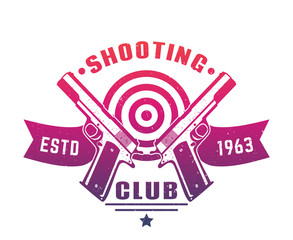 Shooting club logo, emblem, badge with two pistols over white
