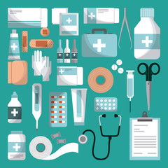 Fototapeta na wymiar medicine equipment of first aid over turquoise background. colorful design. vector illustration
