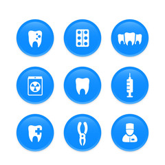Teeth, dental care, stomatology, dentist icons on round blue shapes