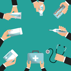 hands with medicine equipment of first aid over turquoise background. colorful design. vector illustration