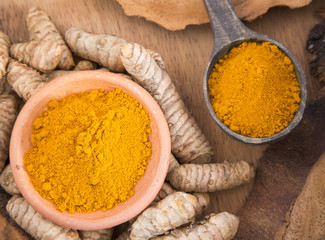 Roots and turmeric powder (Curcuma longa)