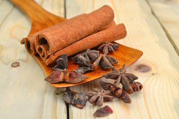 dried cinnamon and star anise close up isolated on wooden background