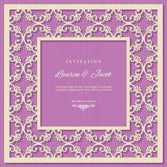 Wedding invitation card template with laser cutting filigree border. Elegant photo frame. Gold and purple colors. Cardboard texture.