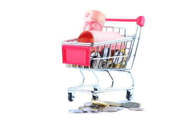 The concept of financial planning, Many of Malaysian coins in the troley isolate on white