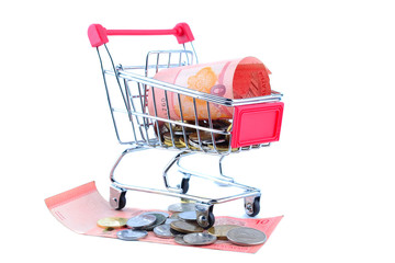 The concept of financial planning, Many of Malaysian coins in the troley isolate on white