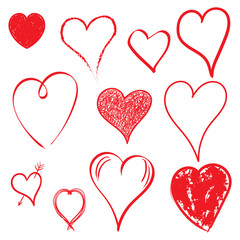 Hearts icon set. Love hand drawn vector illustration on white background.