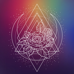 rose flower with sacred geometry frame. Tattoo, mystic symbol. Boho print, poster. textiles. white ink on hipster gradient background. Hand-drawn, retro card design. Isolated vector illustration.