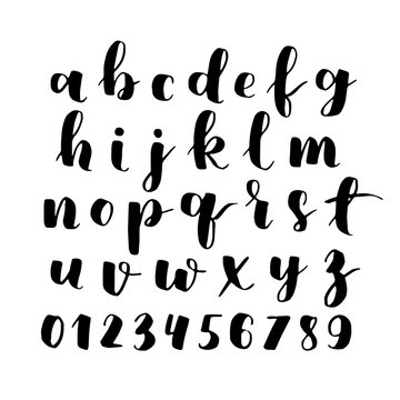 black and white hand lettering alphabet design, handwritten brush script modern calligraphy boho font vector illustration