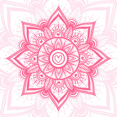 Hand-drawn mandala with ethnic floral doodle pattern. zendala, design for spiritual relaxation for adults, vector illustration, pink isolated on a white background. Zen doodles with hearts.