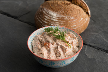 Fresh Pate in Ceramic Bowl Beside Bread