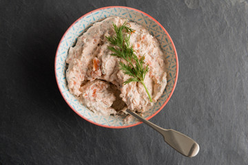 Overhead of Fresh Pate and Spoon in a Bowl