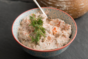 Close Up of Fish Pate and a Spoon in Bowl