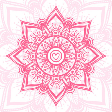Hand-drawn mandala with ethnic floral doodle pattern. zendala, design for spiritual relaxation for adults, vector illustration, pink isolated on a white background. Zen doodles with hearts.