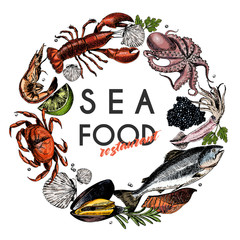 Fototapety  Wektor ręcznie rysowane banner.colored owoce morza homar, łosoś, krab, krewetki, ośmiornice, kalmary, małże.