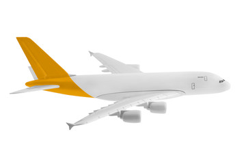Airplane model with yellow color on tail isolated on white background