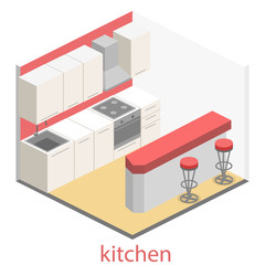 Isometric flat 3D interior of kitchen. full set of kitchen furniture vector ilustration.